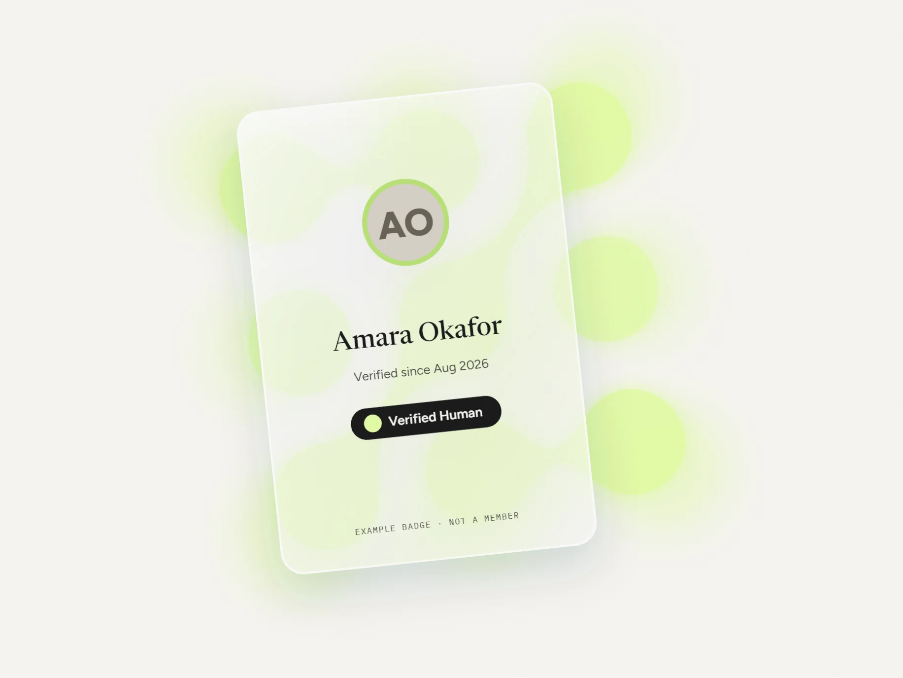 An example Fuzzy badge card for an invented member, Amara Okafor, catching lime light.
