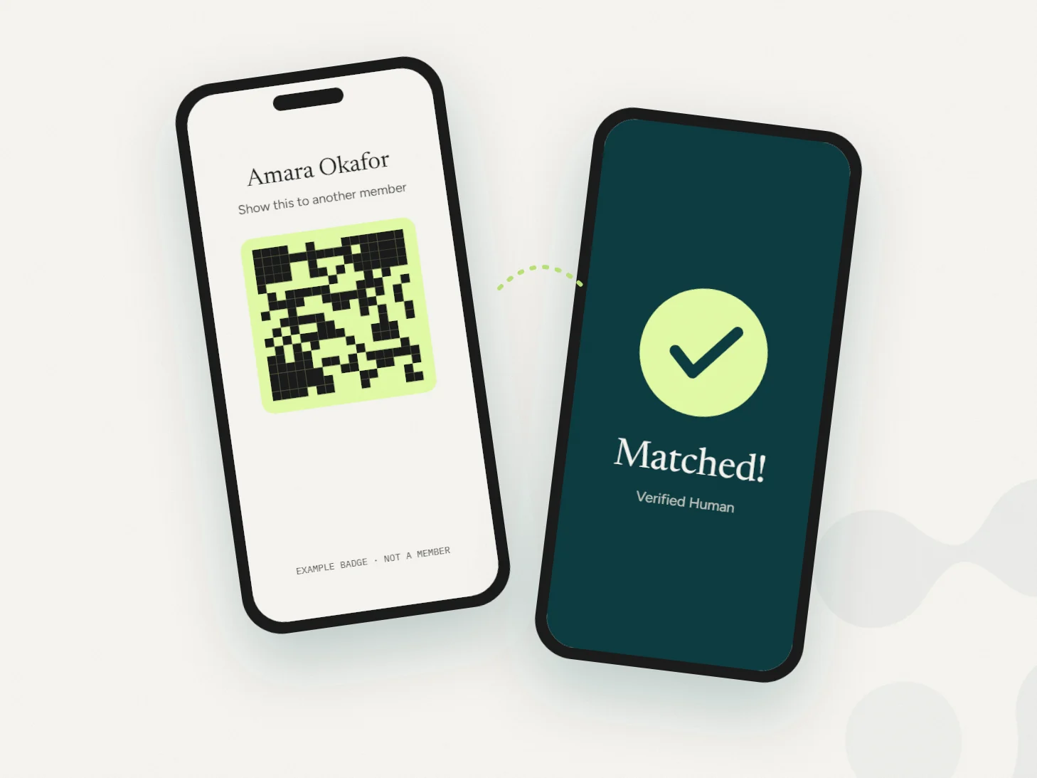 One phone shows an example badge QR for Amara Okafor. A second member's phone scans it and shows Matched, Verified Human.