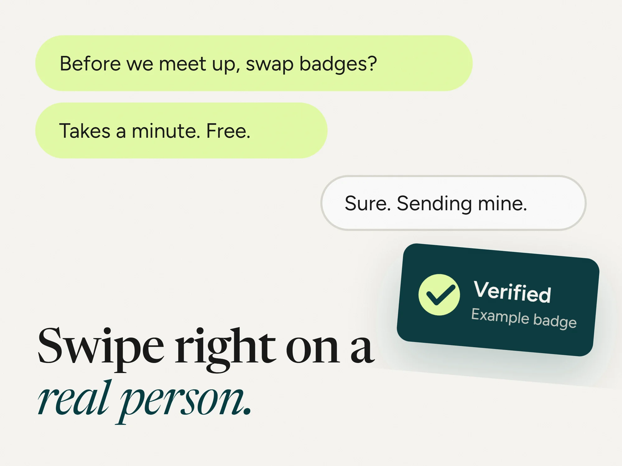 A chat where two people swap verified badges before meeting. An illustrative example.