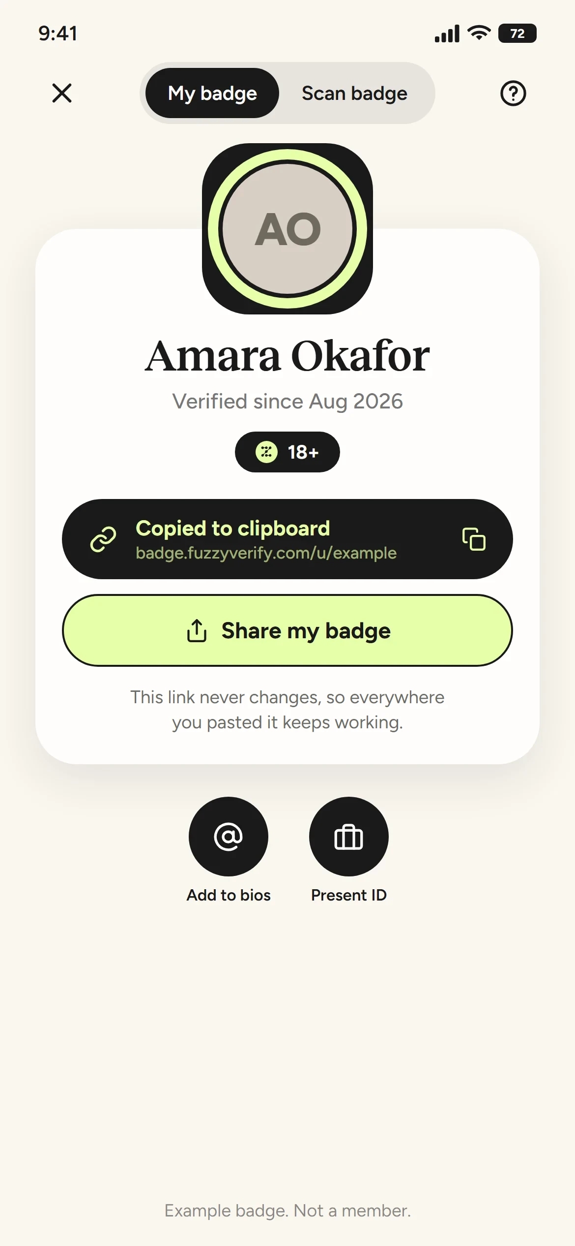 Example Fuzzy app screen: a personal badge for an example member, verified, 18+, with a share link copied to the clipboard.