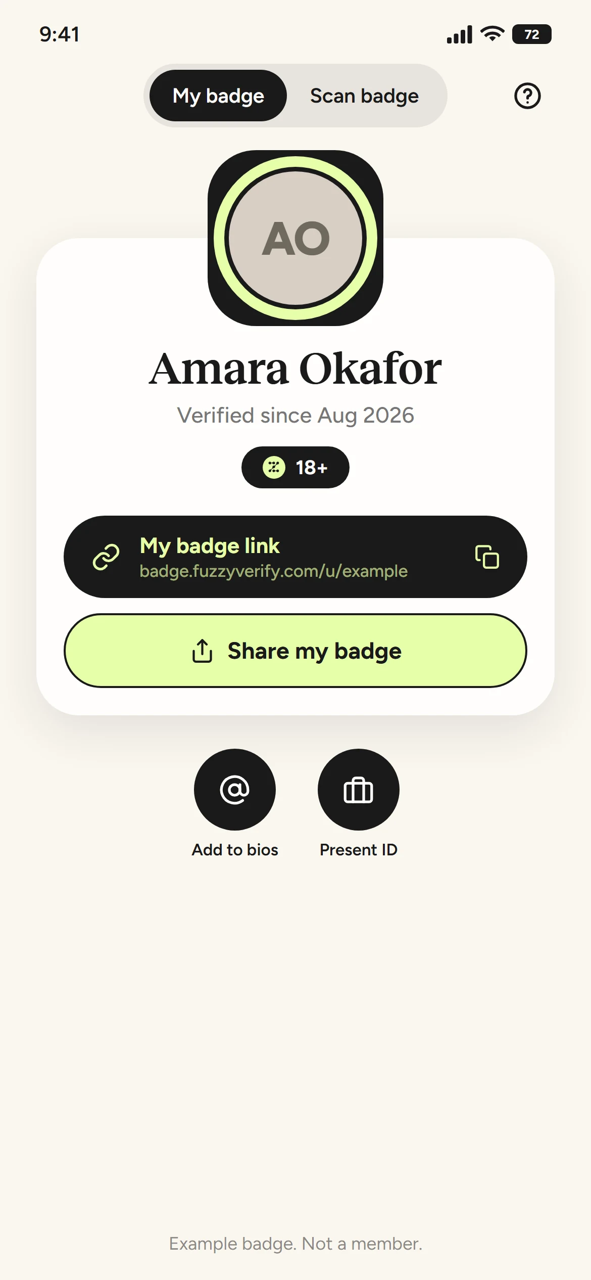 Example Fuzzy app: a personal badge with verification status and a share link.